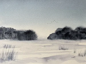 Blue watercolour winter landscape