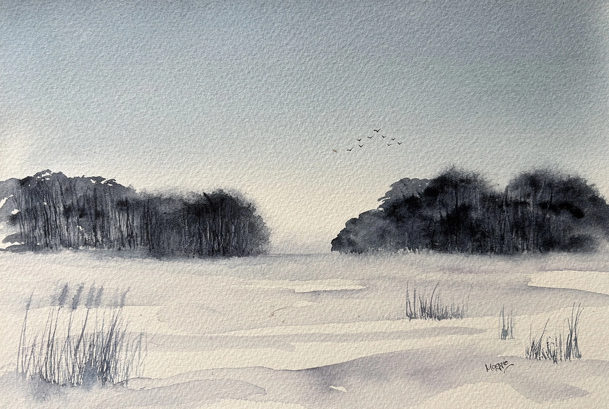 Blue watercolour winter landscape